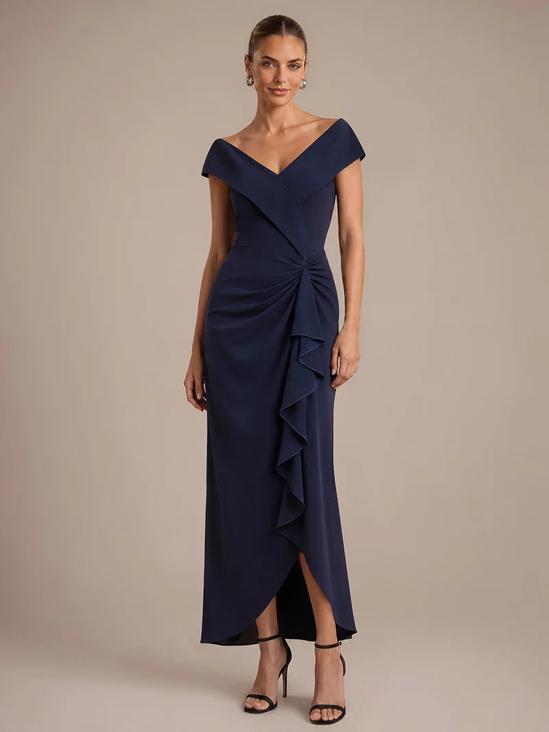 Navy formal dress with ruffle design and off shoulder style.