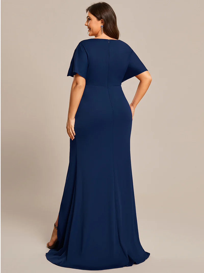 Navy Blue plus size formal dress with sparkle sleeve.