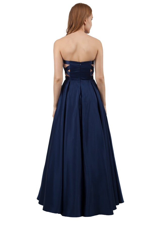 Navy plus size ball gown, strapless with ribbon detail on bodice.