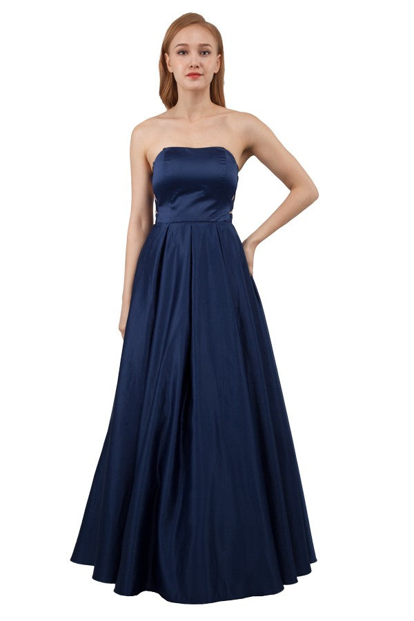 Navy plus size formal dress, strapless with ribbon detail on bodice.