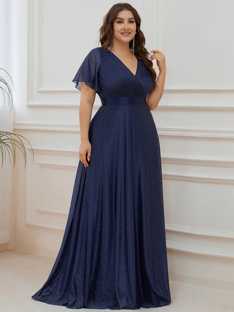 Navy Blue shimmer plus size formal dress with satin band.