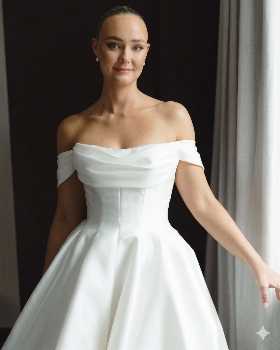 Off shoulder ivory a-line wedding dress with train.