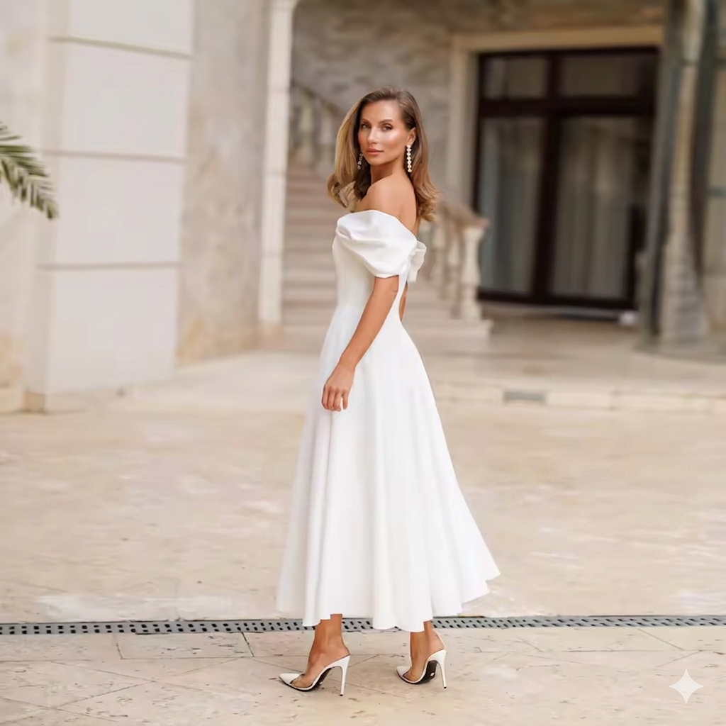 Off shoulder tea length wedding dress.
