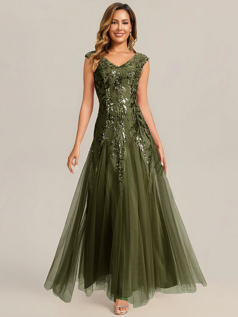 Olive Green sequin and tulle mother of the bride dress with short sleeve.