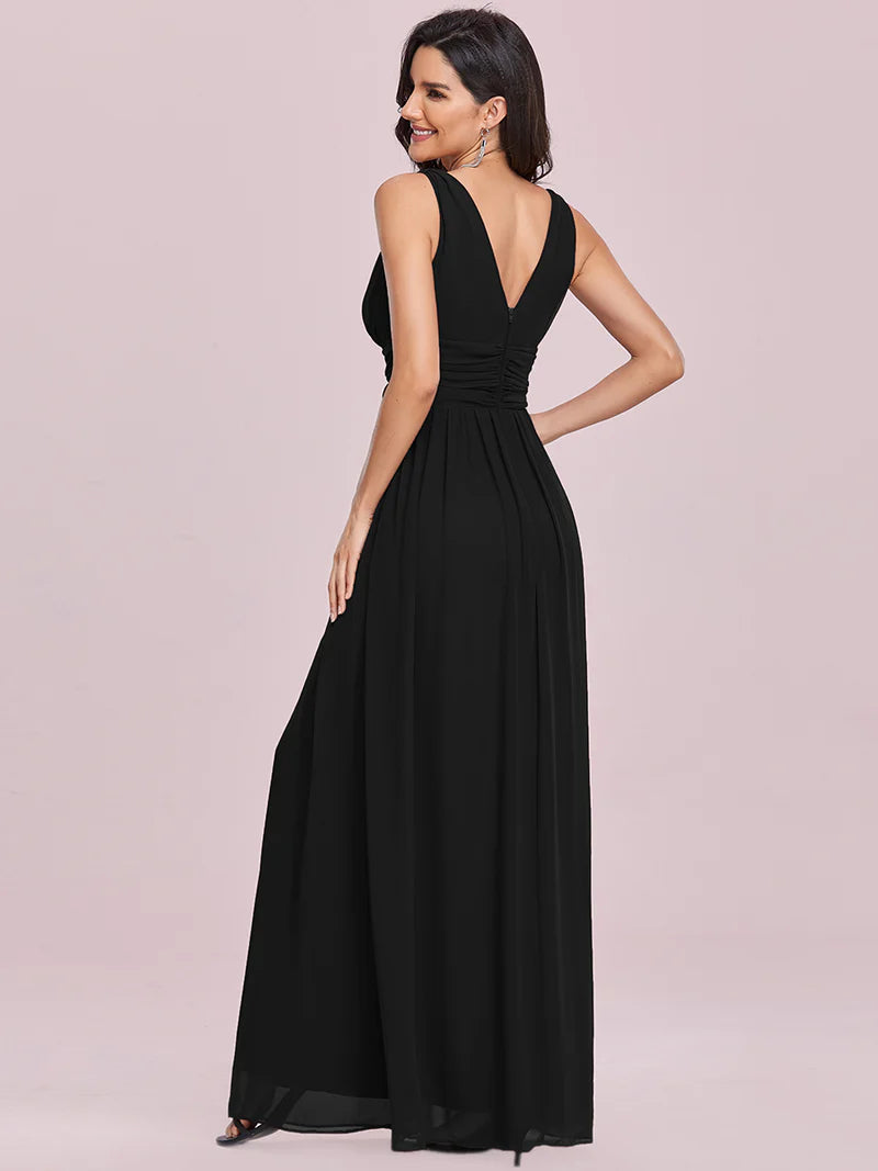 Black bridesmaid dress with double v-neck and chiffon.