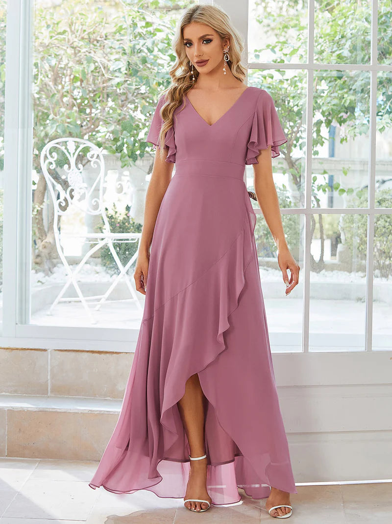 Orchid bridesmaid dress with high low ruffle and chiffon.