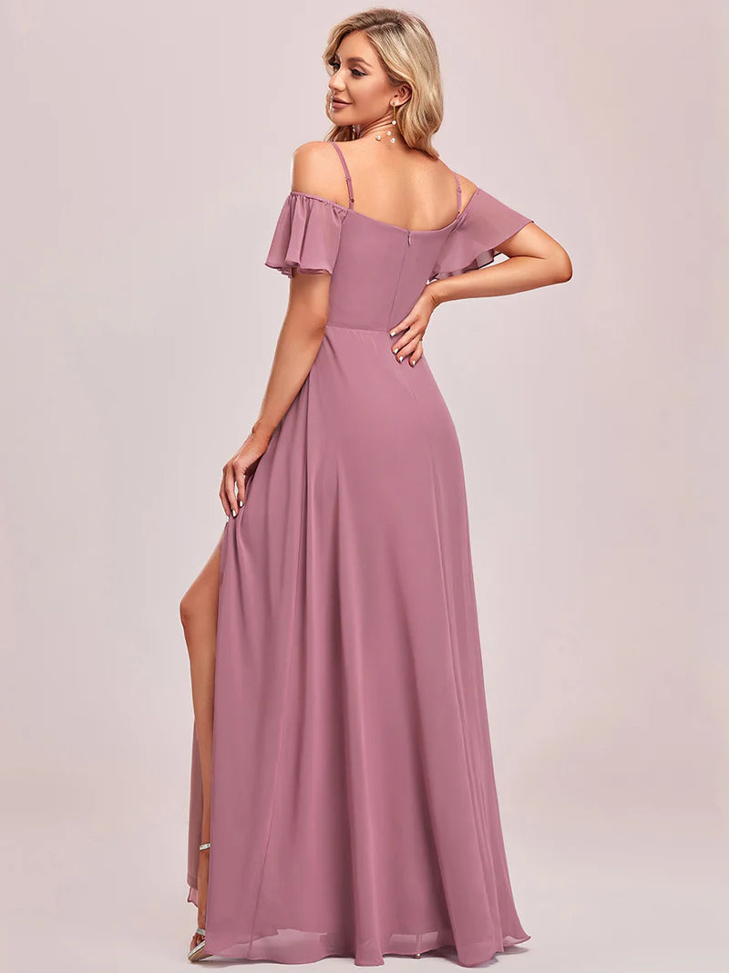 Orchid bridesmaid dress, off shoulder chiffon.