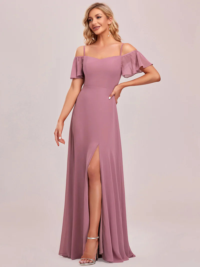 Orchid bridesmaid dress, off shoulder chiffon.
