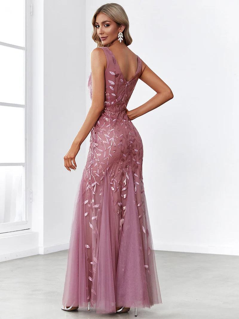 Orchid formal dress with fishtail and sequins.