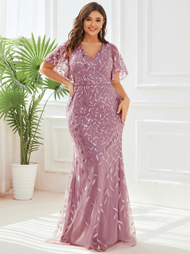 Orchid Pink Plus Size Mother of the bride dress with tulle, sequins and lace ruffle sleeves.