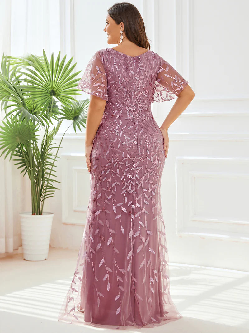 Orchid Pink Plus Size Mother of the bride or formal dress with tulle, sequins and lace ruffle sleeves.