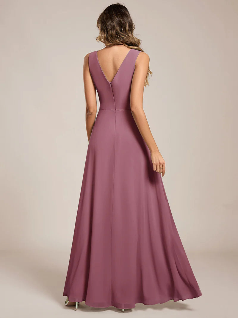 Orchid pink bridesmaid dress, sleeveless A-line chiffon dress with split.