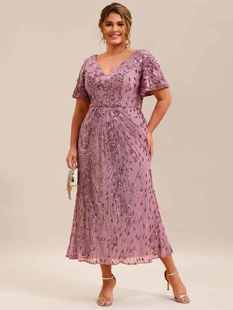 Orchid pink elegant mother of the bride plus size midi dress.