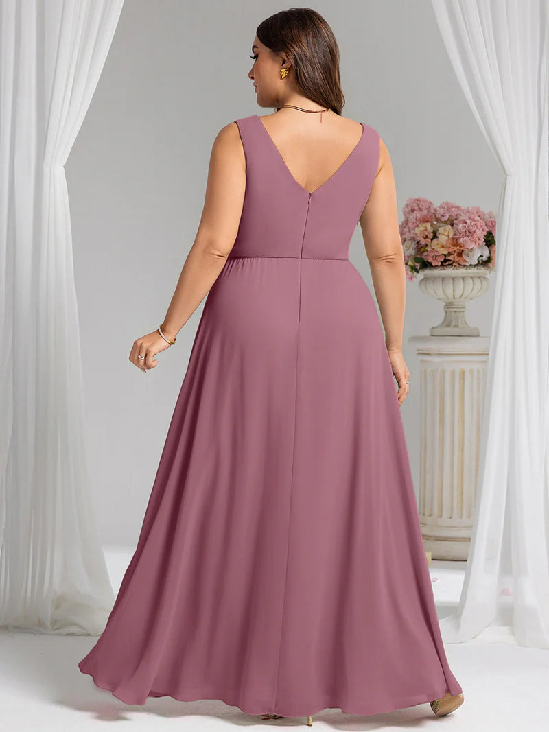 Orchid pink plus size bridesmaid dress, sleeveless A-line chiffon with split.