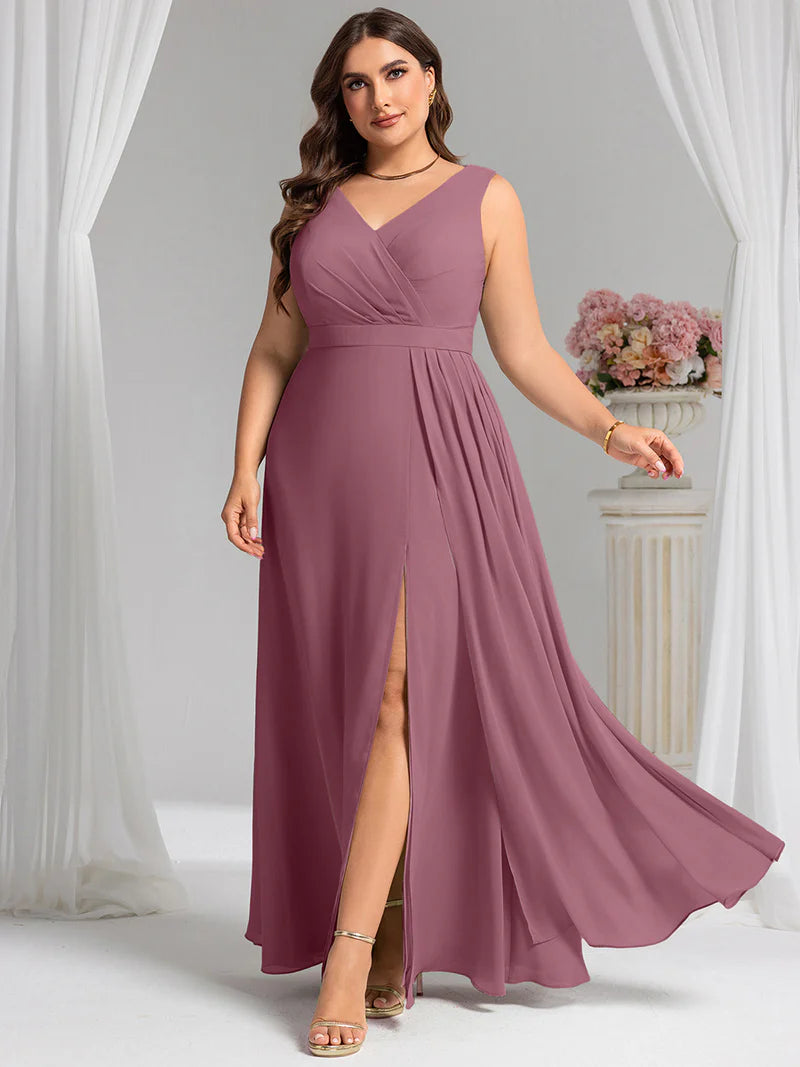 Orchid pink plus size bridesmaid dress, sleeveless A-line chiffon with split.