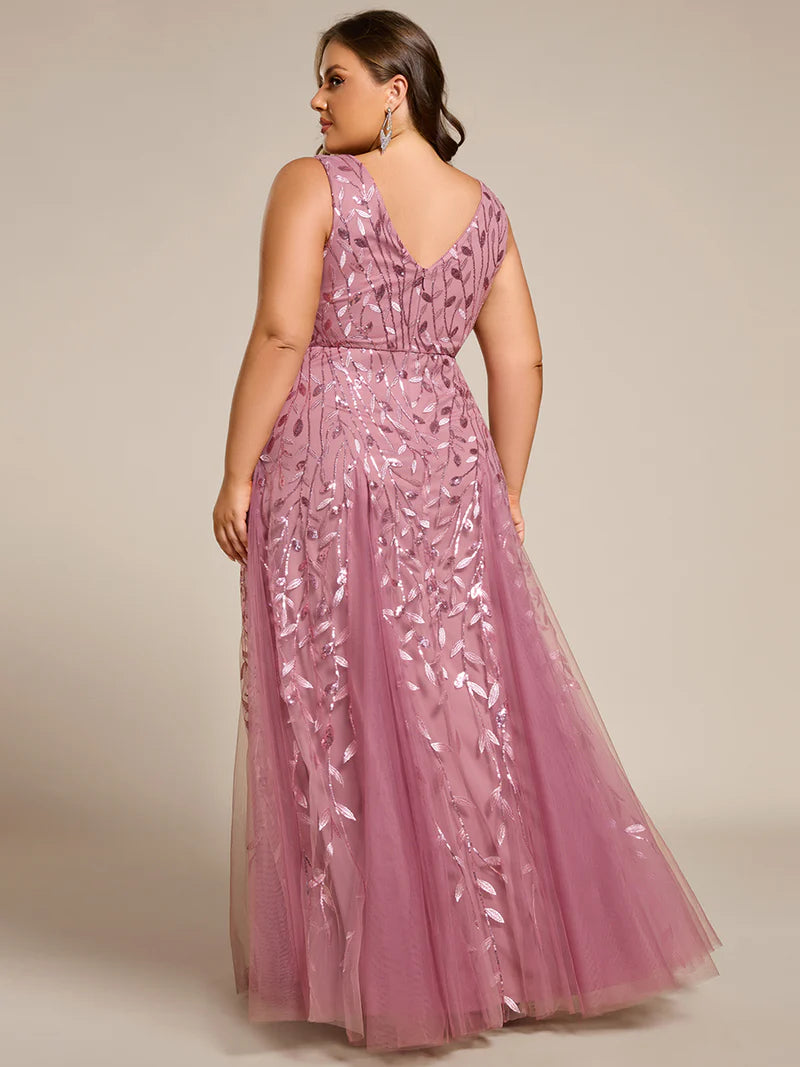 Orchid Pink plus size formal dress with tulle and lace.