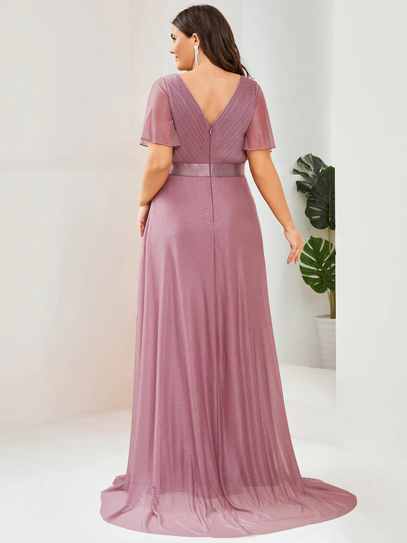 Orchid Pink shimmer plus size formal dress with satin band.