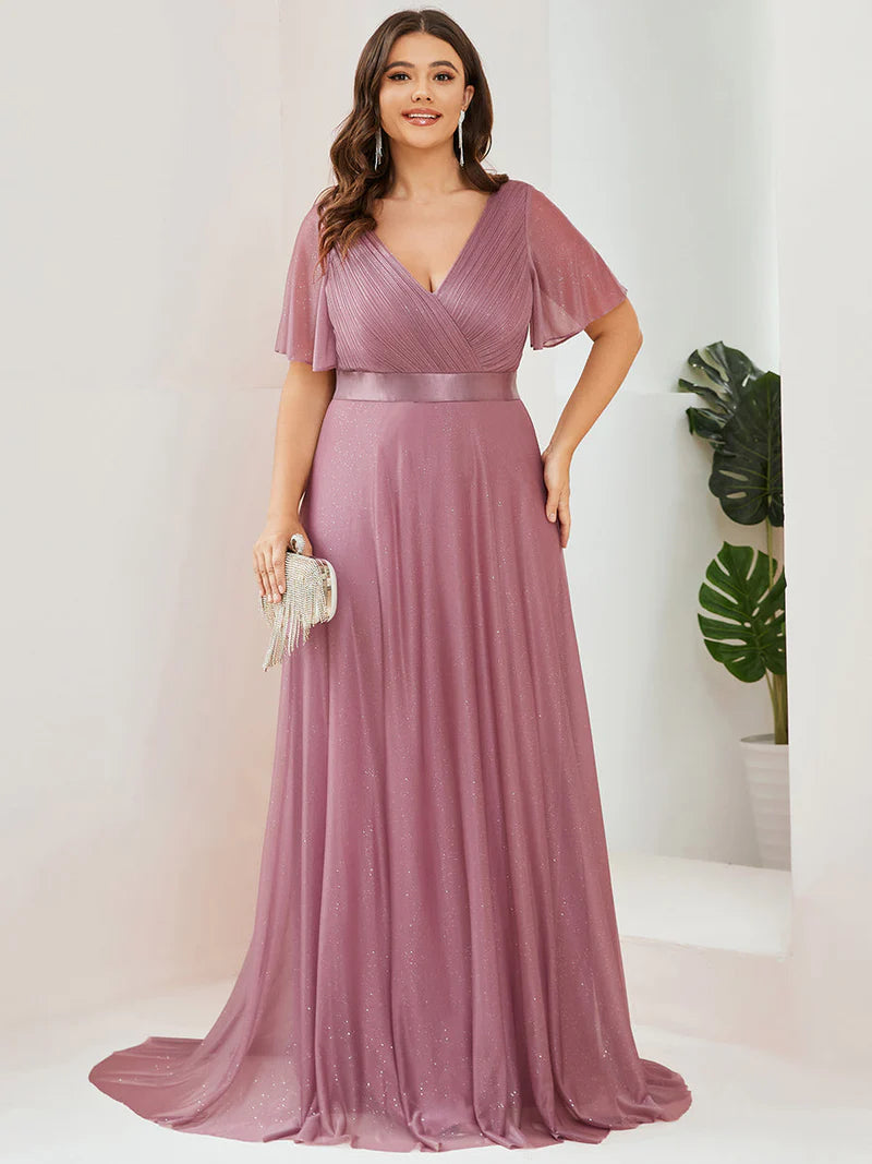 Orchid Pink shimmer plus size formal dress with satin band.