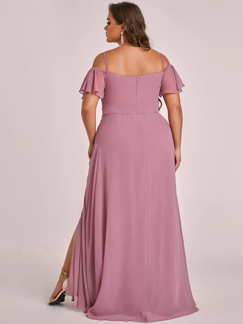 Orchid plus sized bridesmaid dress, off shoulder chiffon.