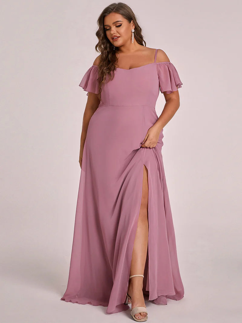 Orchid plus sized bridesmaid dress, off shoulder chiffon.