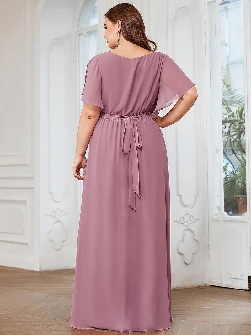 Chiffon Ruffle Sleeve With Belt Plus Size Dress - SANDY