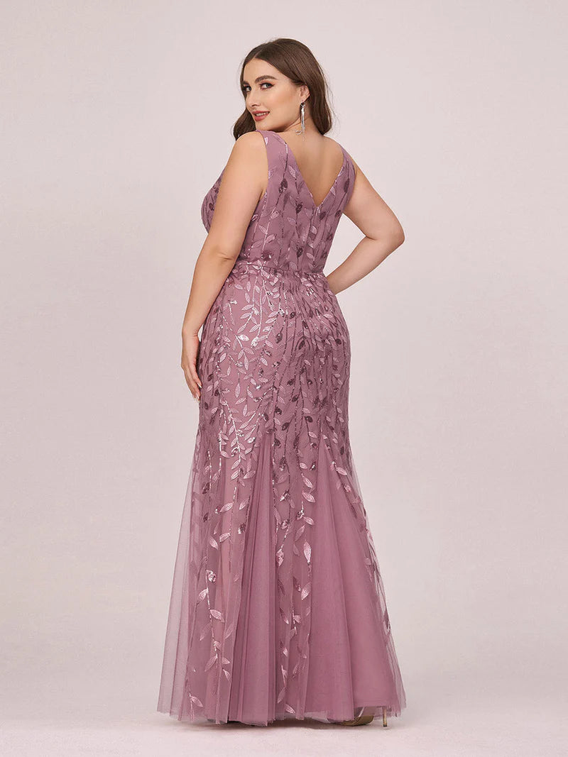 Orchid plus sized dress with fishtail and sequin.