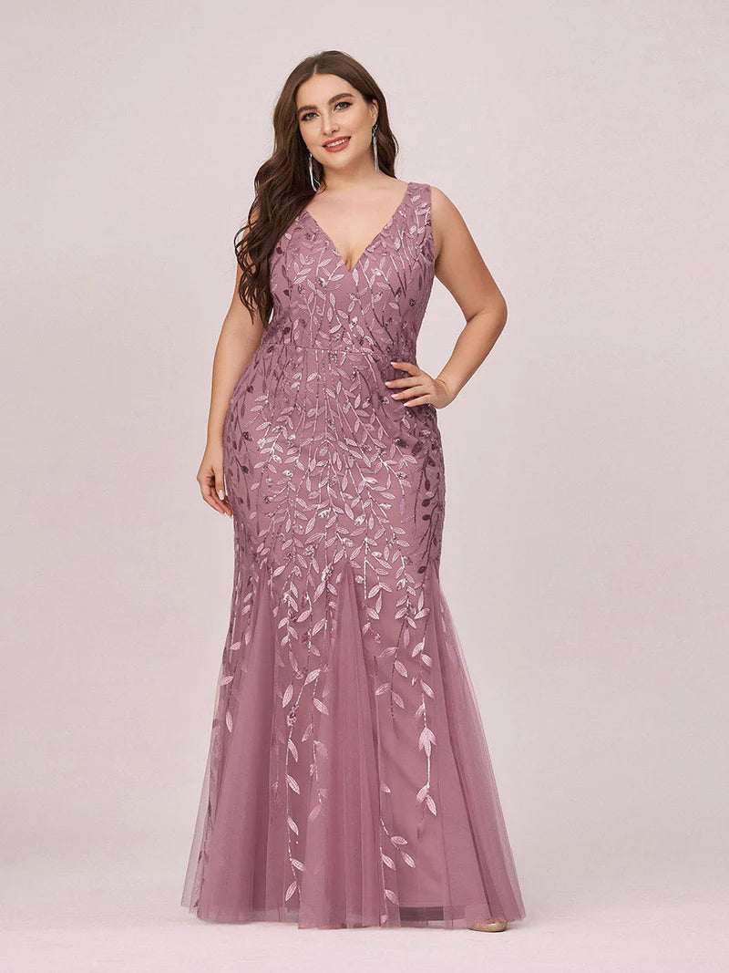 Orchid plus sized dress with fishtail and sequin.