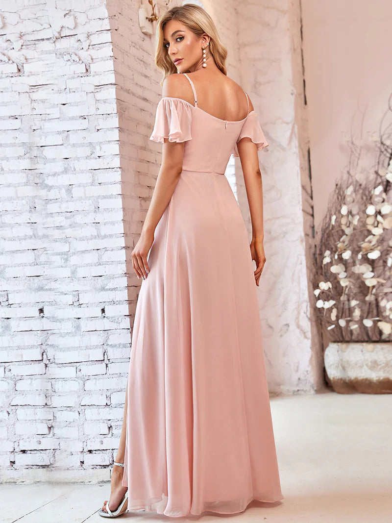Pink bridesmaid dress, off shoulder chiffon.