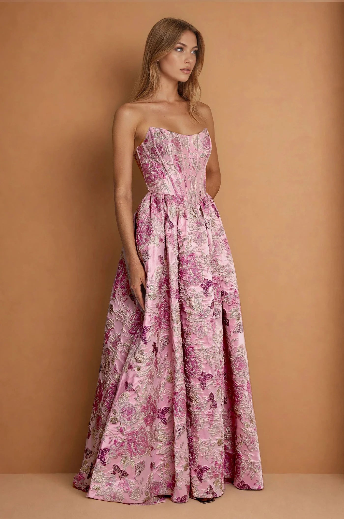 Pink floral formal dress, strapless with lace up back.