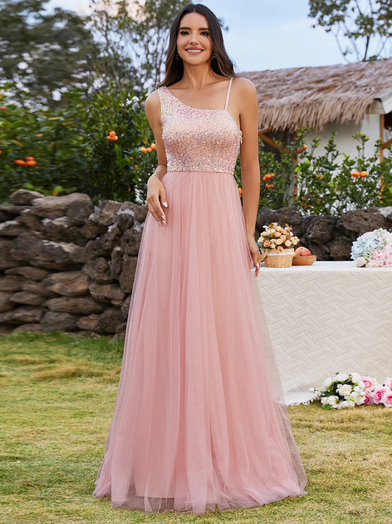Sequin & Tulle One Shoulder Dress - MIRANDA