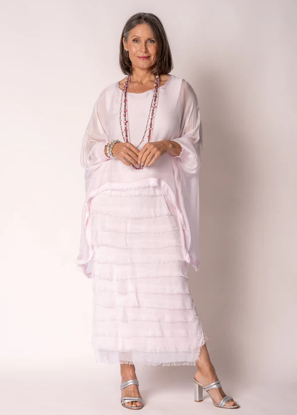 Pink Italian Silk mother of the bride dress with sleeve and frayed skirt.