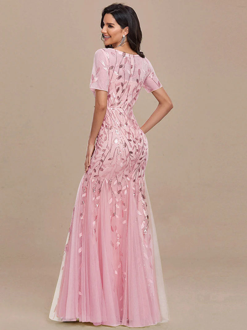 Pink Mother of the bride dress, short sleeve with tulle, lace and sequin detailing.