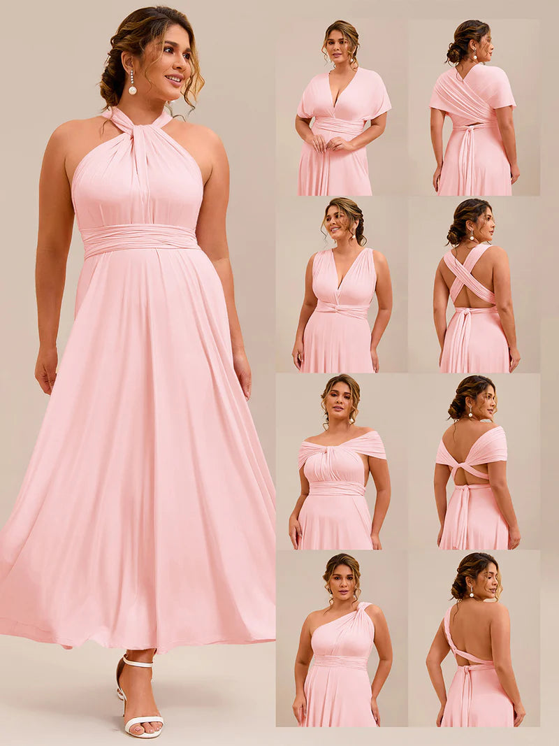 Pink plus size infinity multiway bridesmaid dress with tube top.