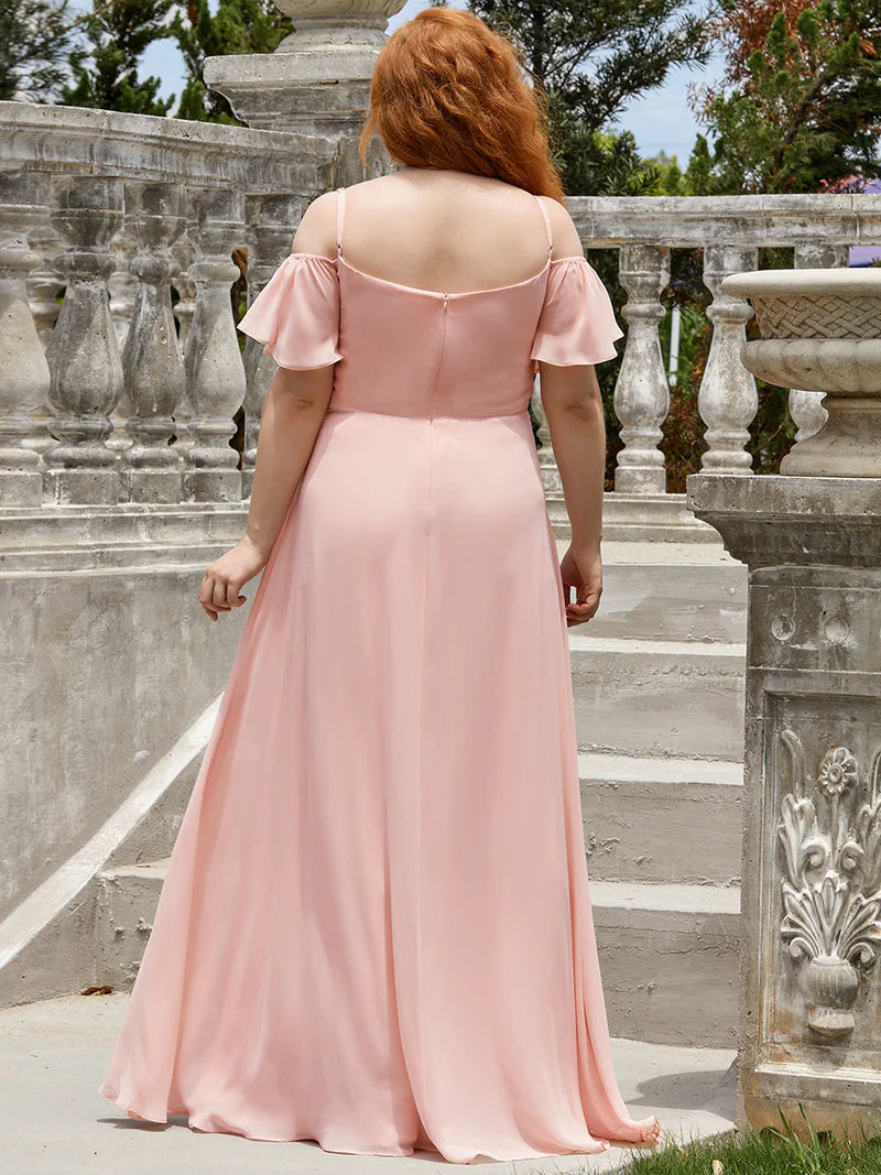 Pink plus sized bridesmaid dress, off shoulder chiffon.