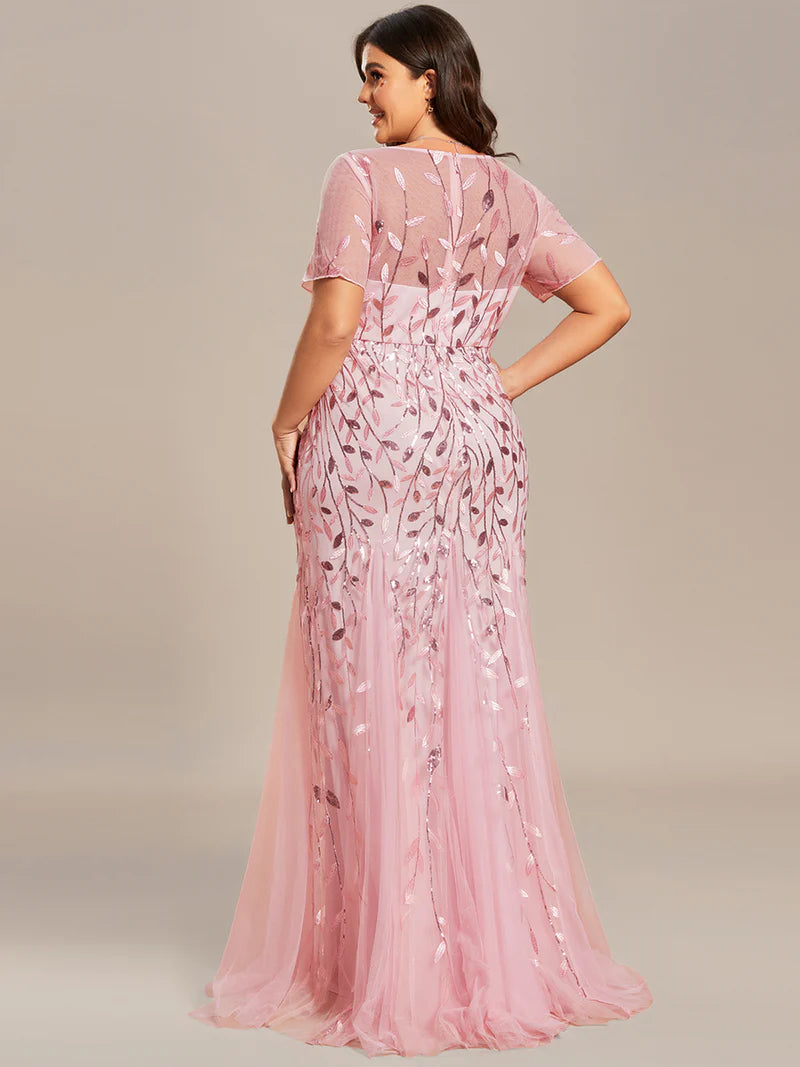 Pink Plus Size Mother of the bride or formal dress, short sleeve with tulle, lace and sequin detailing.