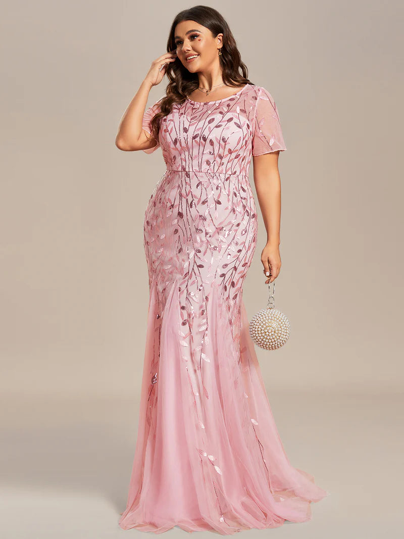 Pink Plus Size Mother of the bride or formal dress, short sleeve with tulle, lace and sequin detailing.