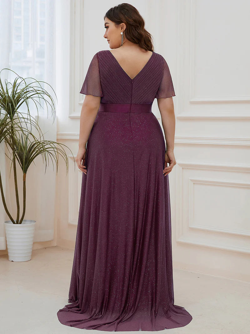 Purple shimmer plus size formal dress with satin band.