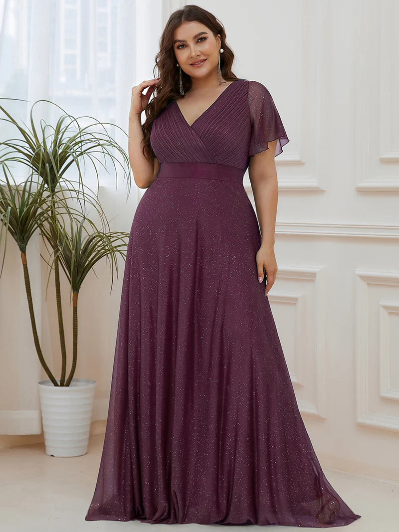 Purple shimmer plus size formal dress with satin band.