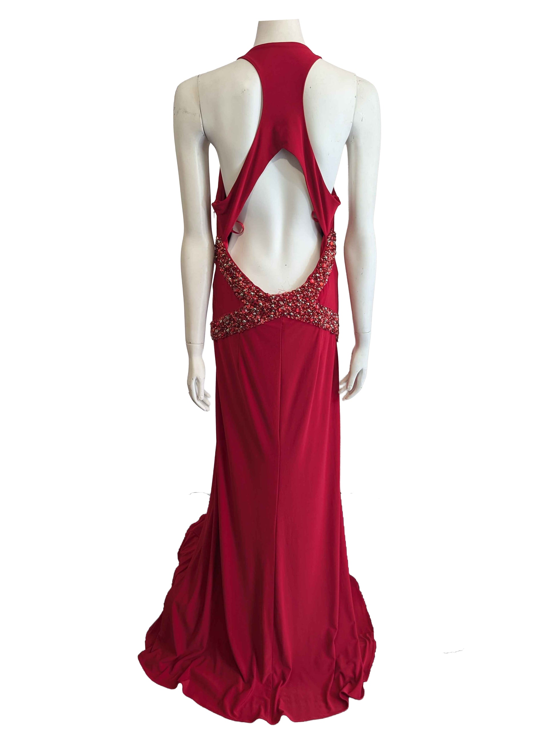 Red beaded formal dress with front split and open back.