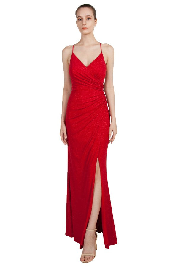 Red formal dress with lace up back and front split.