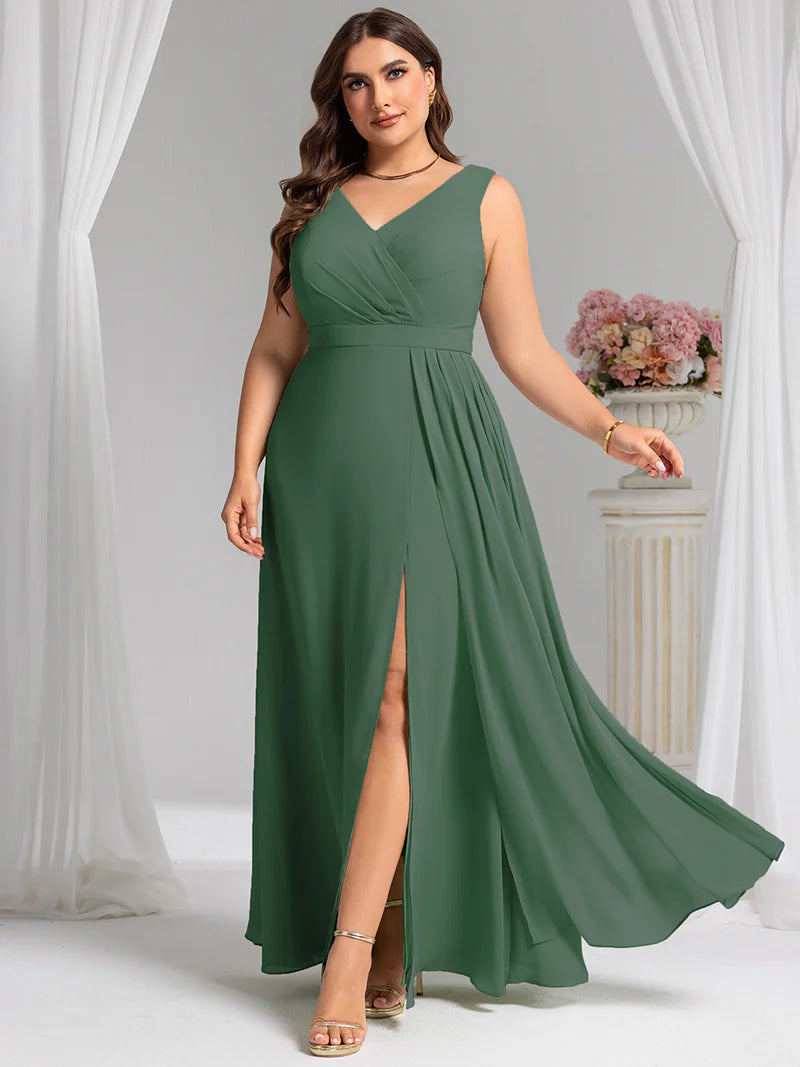 Sage Green plus size bridesmaid dress, sleeveless A-line chiffon with split.