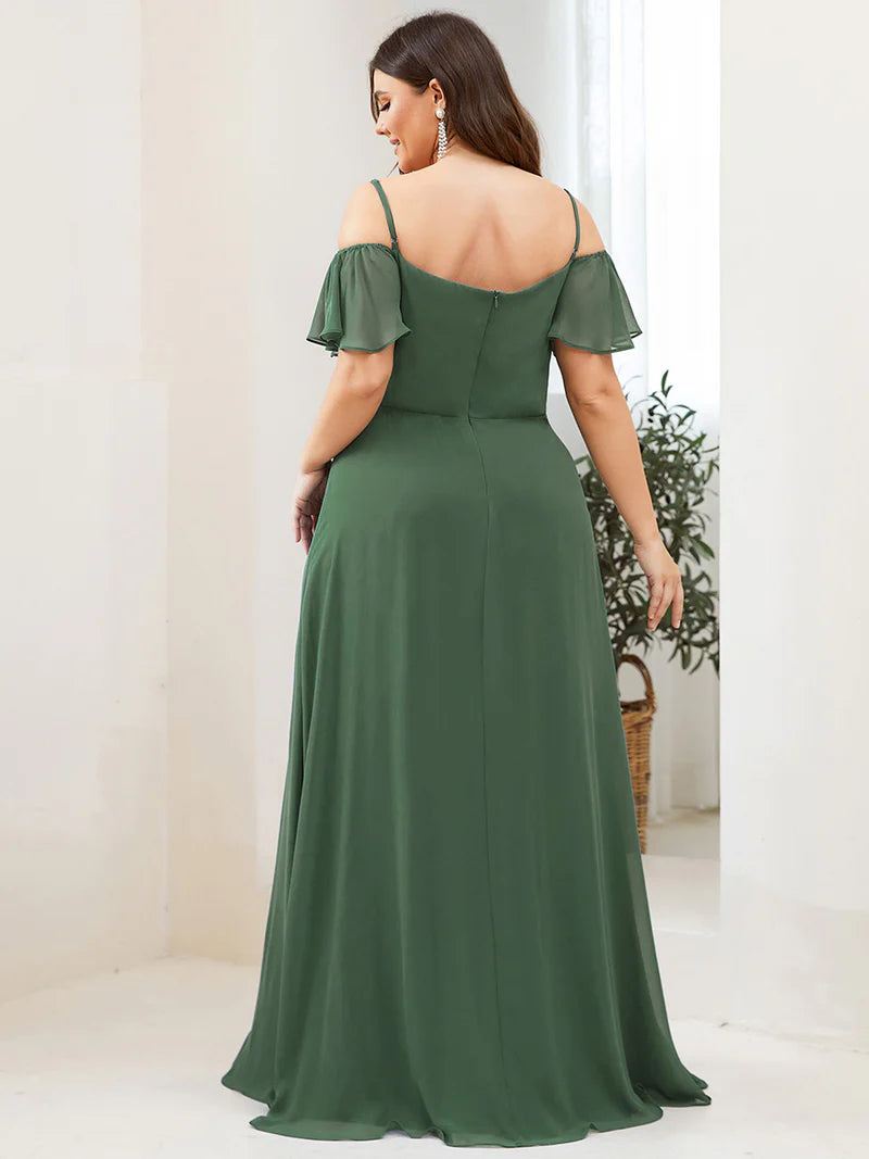 Sage green plus sized bridesmaid dress, off shoulder chiffon.