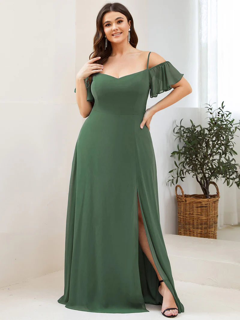 Sage green plus sized bridesmaid dress, off shoulder chiffon.