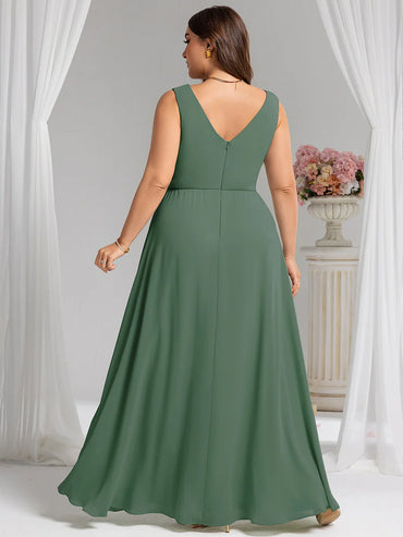 Sage Green plus size bridesmaid dress, sleeveless A-line chiffon with split.