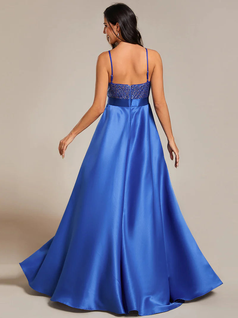 Saphire blue hi low sleeveless satin formal or mother of the bride dress with bodice detailing.