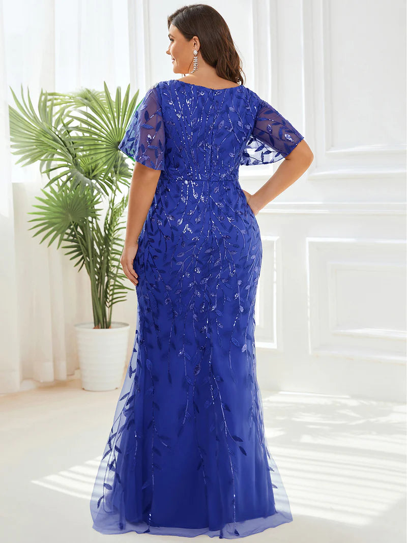 Saphire Blue Plus Size Mother of the bride or formal dress with tulle, sequins and lace ruffle sleeves.