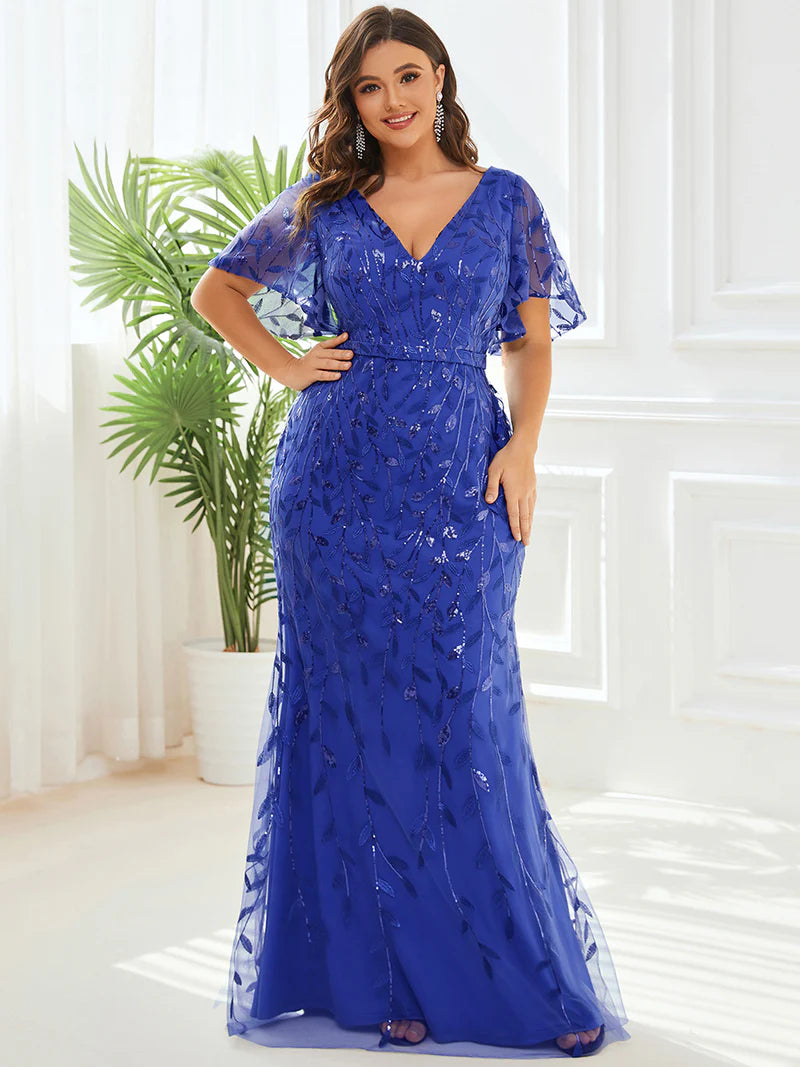 Saphire Blue Plus Size Mother of the bride or formal dress with tulle, sequins and lace ruffle sleeves.