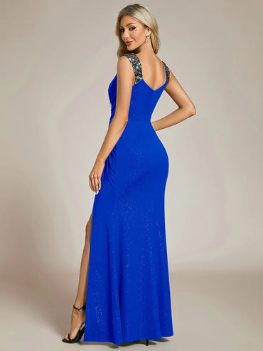 Sapphire formal dress with glitter and split front.