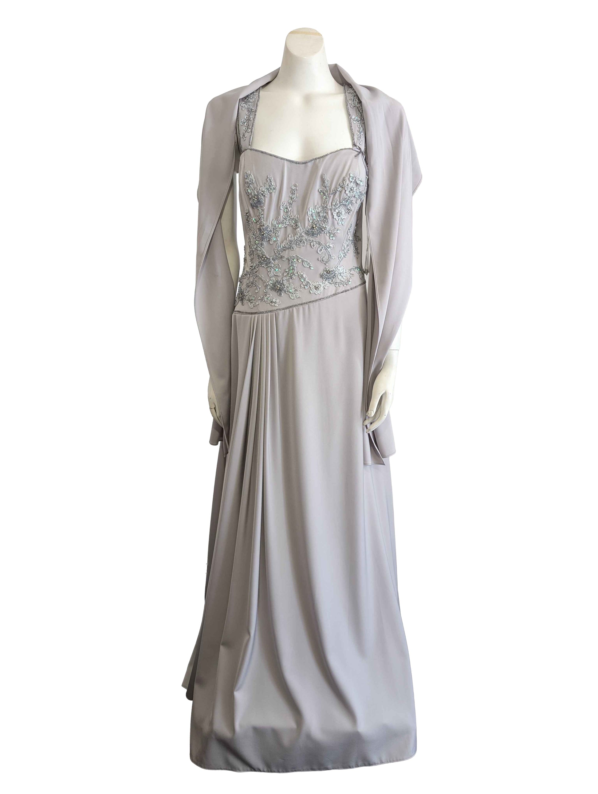 Silver beaded formal dress with shawl.