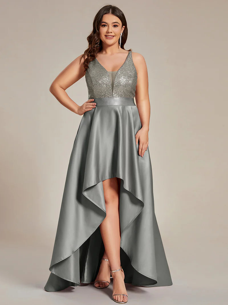 Silver grey plus size hi low sleeveless satin formal or mother of the bride dress with bodice detailing.